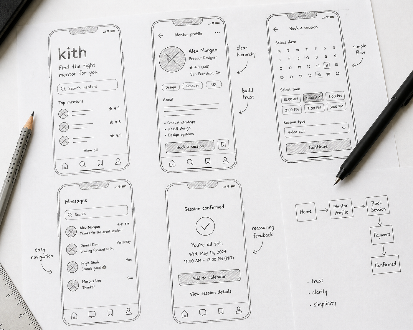 Hand-drawn wireframes for KITH app — home, mentor profile, booking, messages, and session confirmed screens