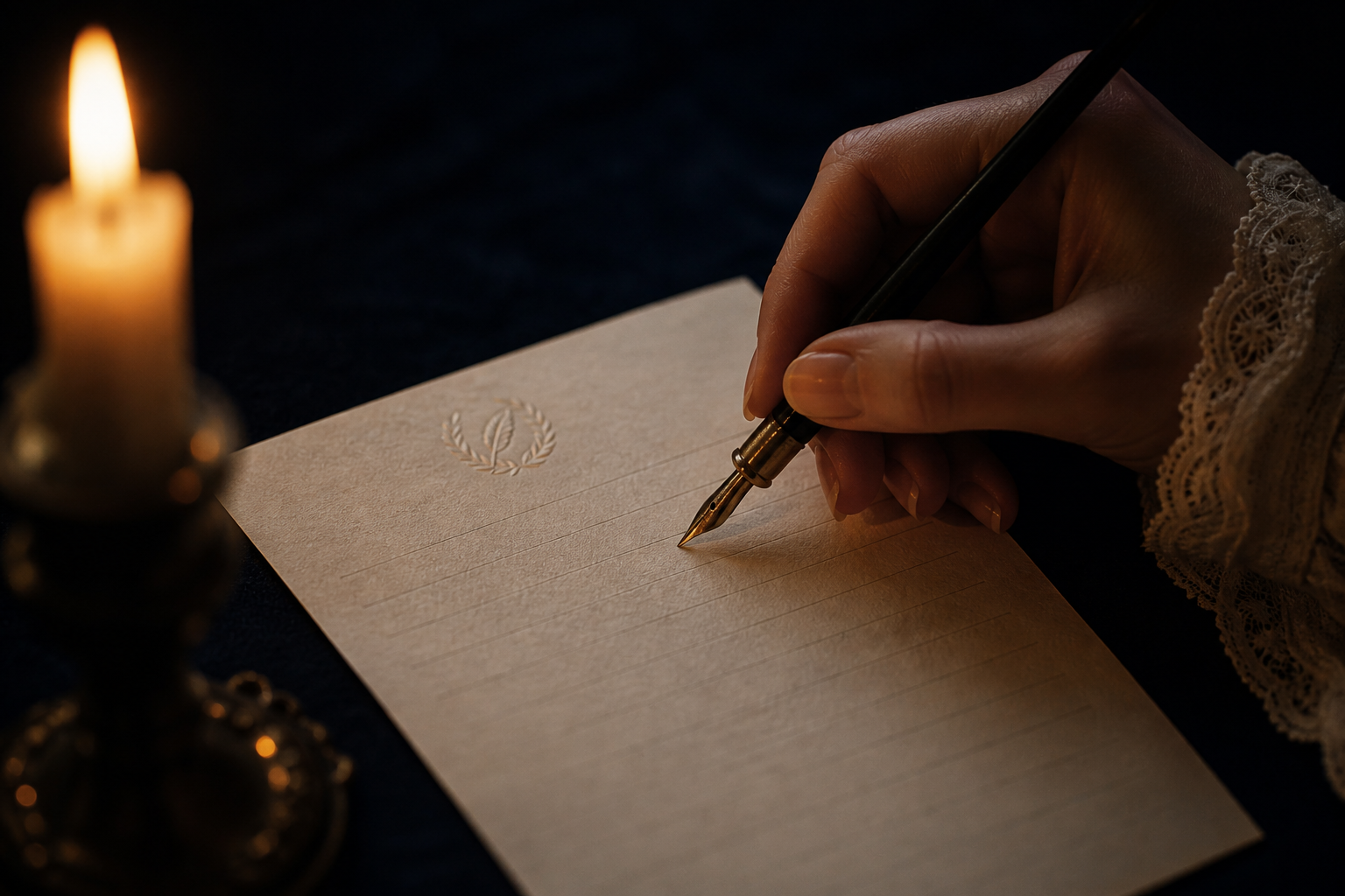 PLUME campaign hero — letter being written by candlelight